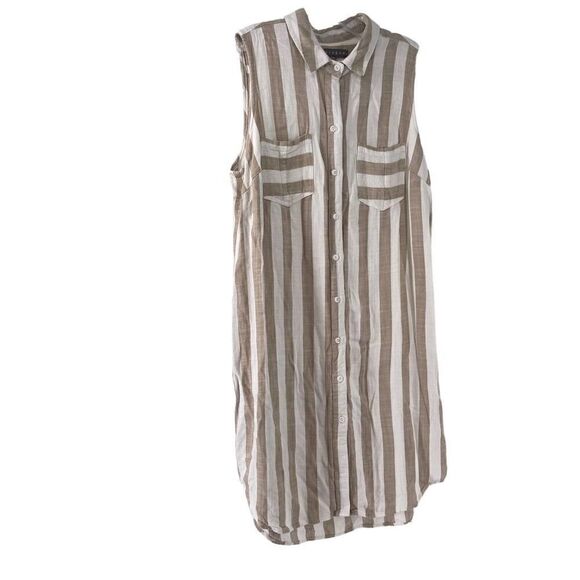Sharagano Shirt Dress Size 14W Sleeveless Button Up Collared Tan White Striped - Picture 1 of 6